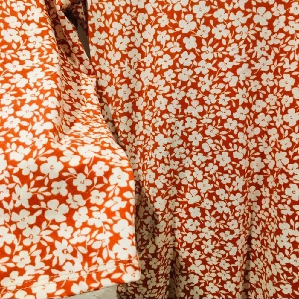 Flower Power Red Orange Floral Midi Rouched Dress - Picture 3 of 8